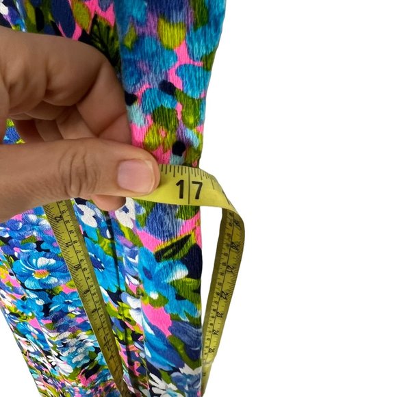 Vintage 60s Handmade Barkcloth Blue Floral Short Sleeve Full Length Dress Medium - Picture 8 of 9